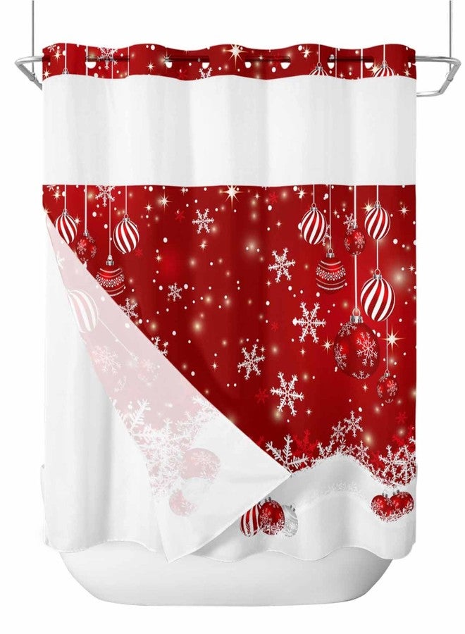 LooPoP No Hook Shower Curtain with Snap in Liner Set Christmas Tree Shower Curtains for Bathroom Waterproof Fabric Red Christmas Balls Bath Curtain with See Through Mesh Top Window for Hotel Spa 72x72 Inch - Image 1